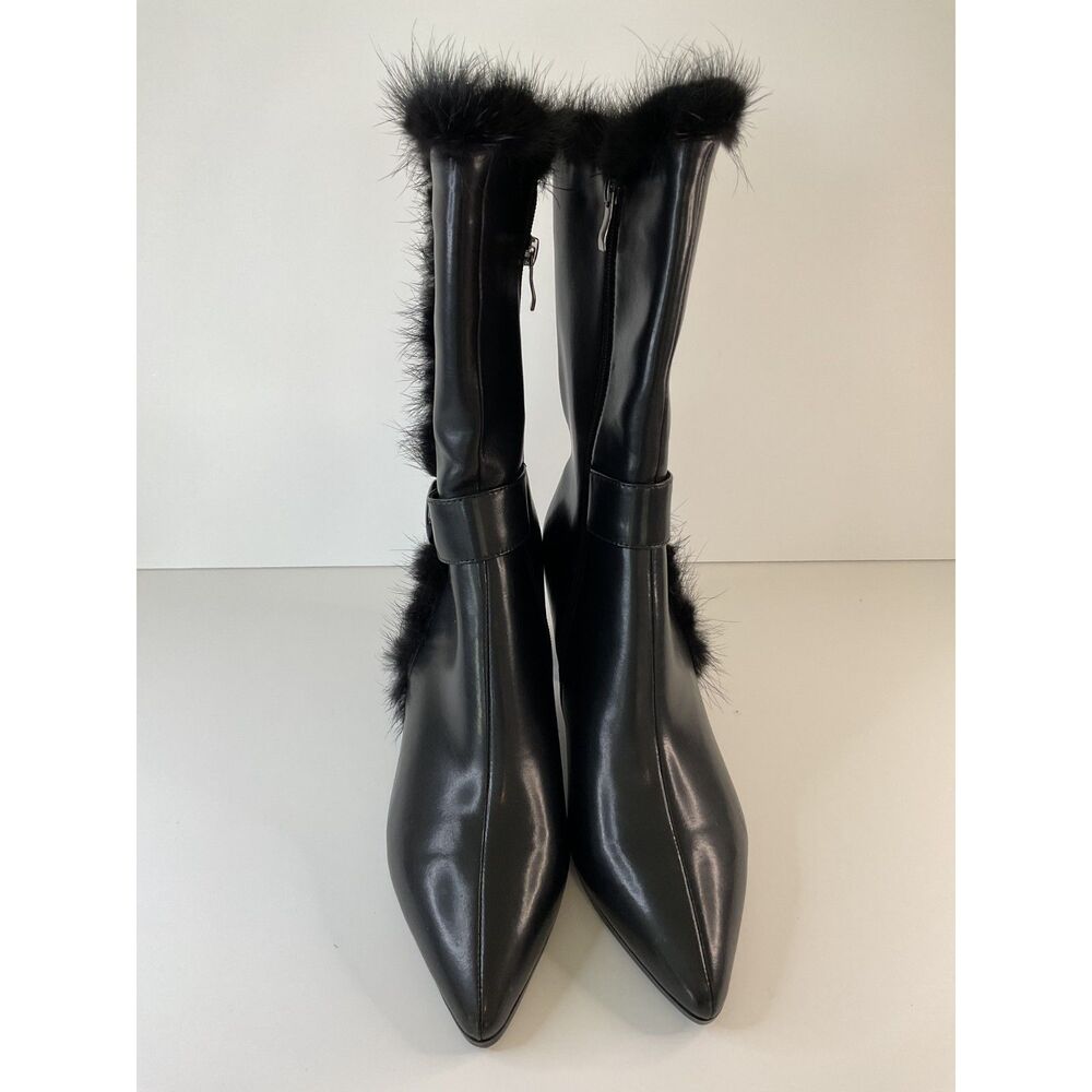 Pointed Toe Mid-Calf Boots with Fur and Chic Belt Size 9.5